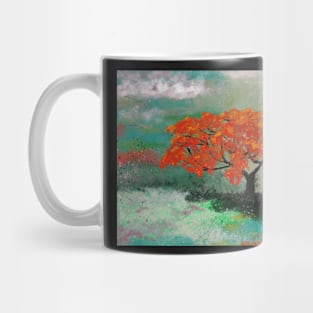 Abstract landscape with colorful flamboyand tree Mug